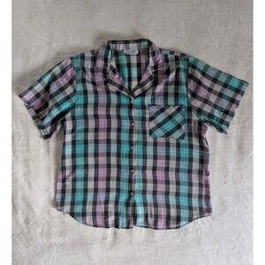 VTG Short Sleeve Purple Teal Black Plaid Button Up‎ Women's Top Skater Grunge